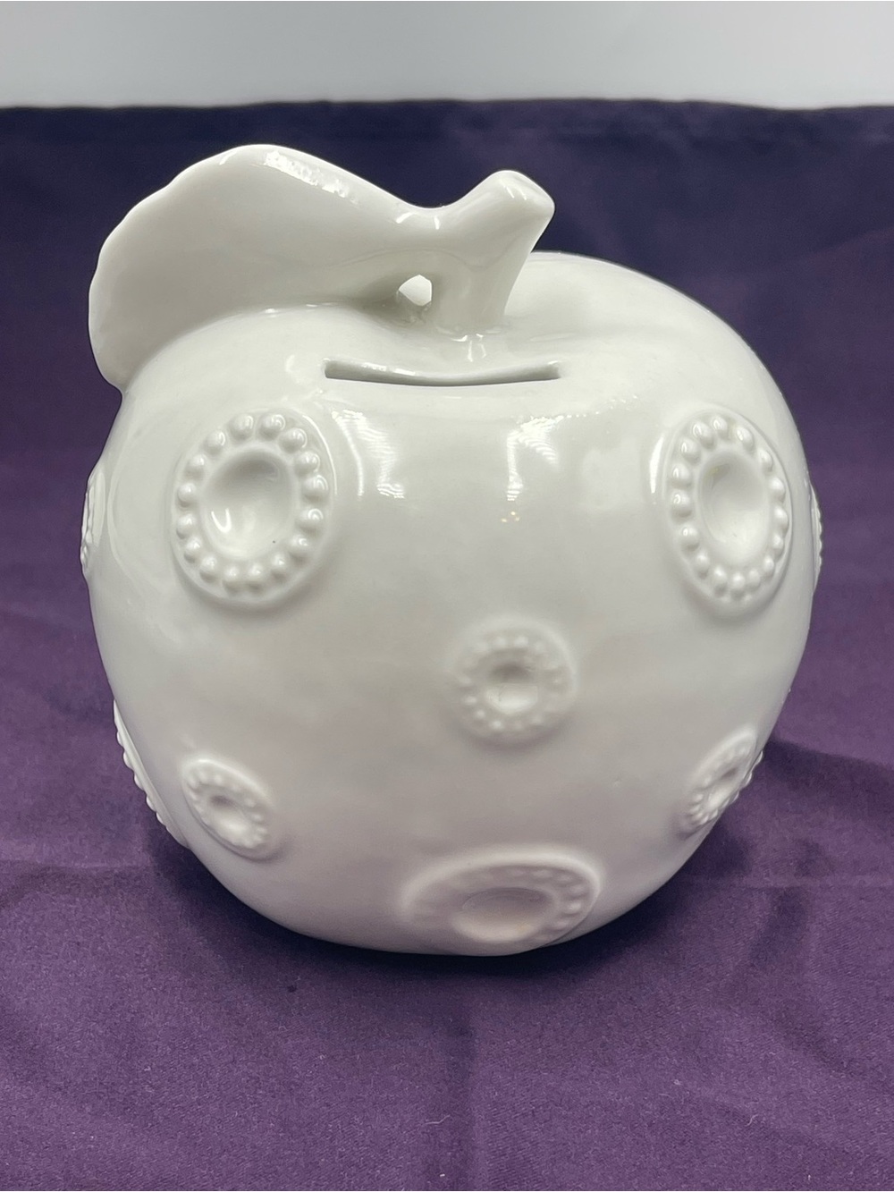 Vintage White Ceramic Apple Piggy Bank Dimpled Texture Retro Coin Bank